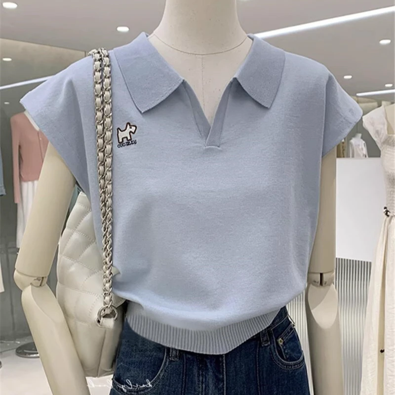 法式polo衫针织衫女夏薄款刺绣v领小飞袖短款正肩短袖t恤上衣