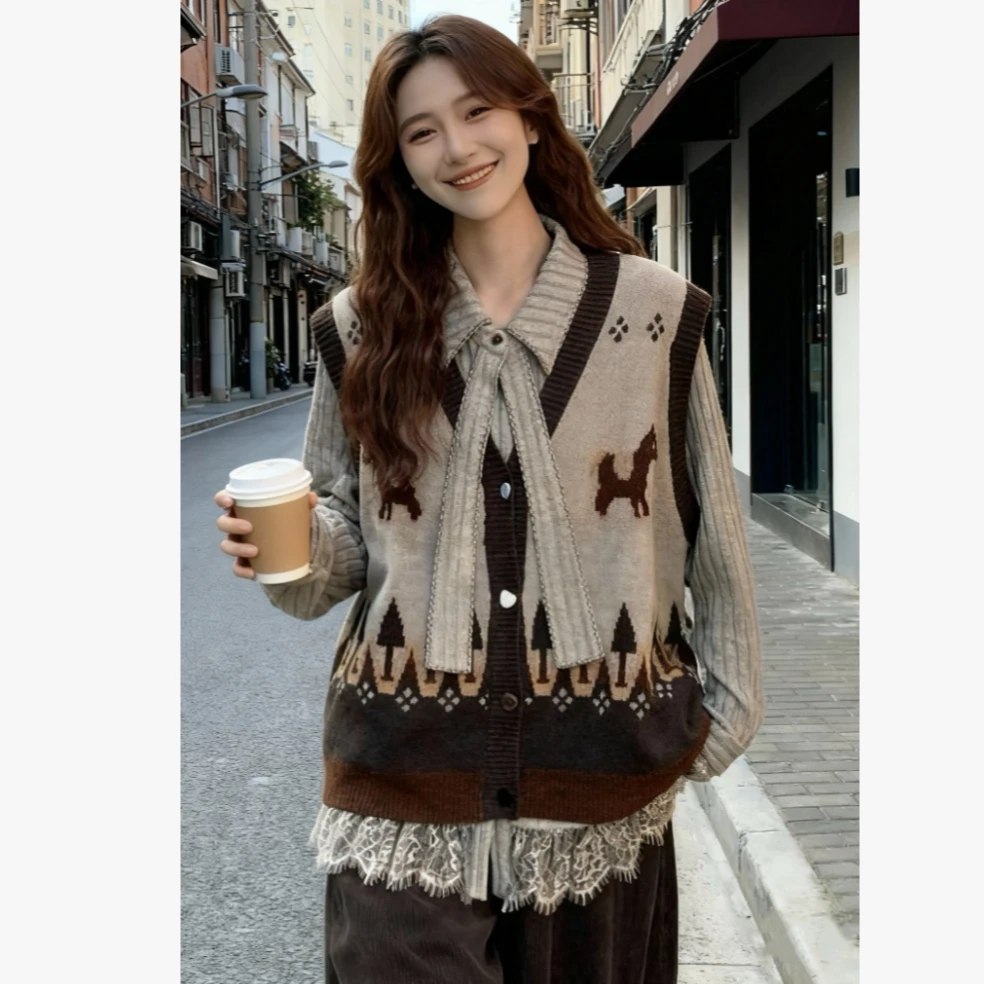 卡通图案刺绣针织马甲背心女秋冬洋气减龄巨好看显瘦叠穿外搭上衣