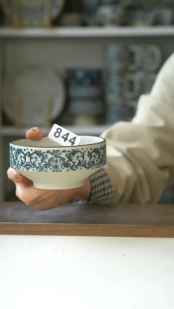 陶844粗陶手绘鸢尾花小高足11cm@7-7@