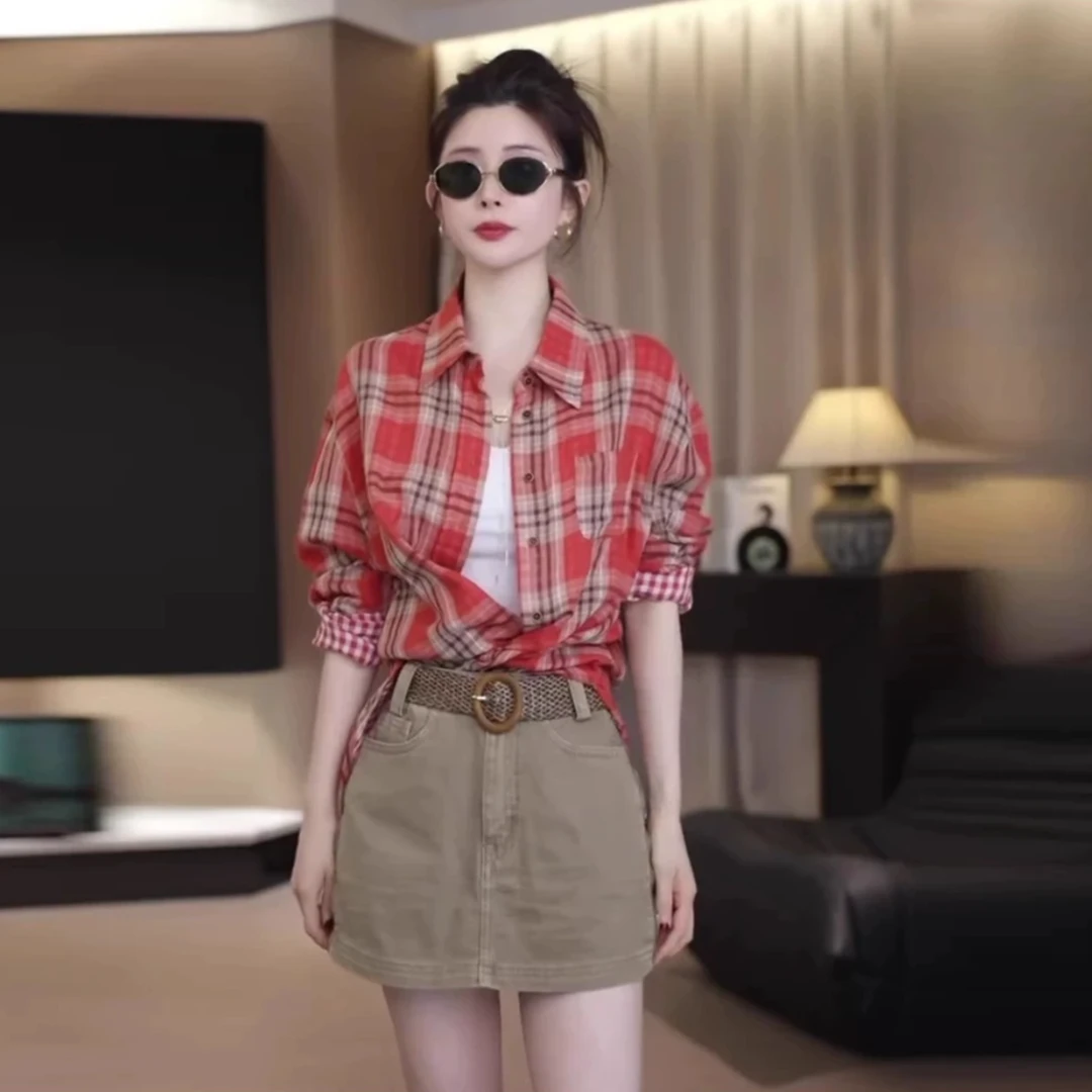 -港式复古格纹翻领长袖衬衫女早春新款宽松设计感百搭洋气衬衣x