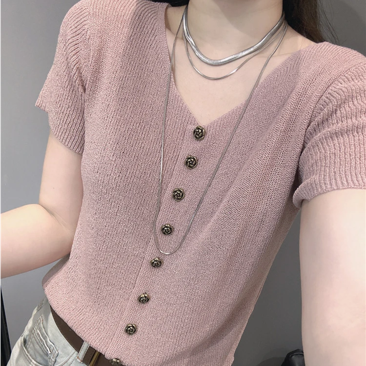 2025针织短袖女冰丝薄款百搭显瘦纯色通勤时尚洋气开衫上衣女
