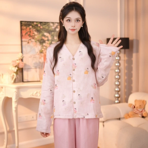 【颜玉】纯棉女大码家居服长袖常规款睡衣秋季舒适家居服提花女士