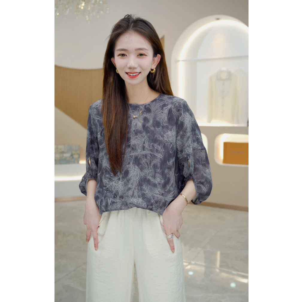 R H 水墨印花!2024新款时尚显瘦气质双绉桑蚕丝衬衫86121
