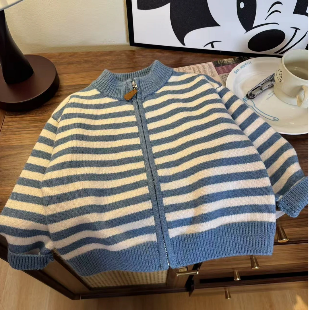 【一眼心动】条纹极简风立领毛衣外套韩版针织衫童装休闲宝宝外套