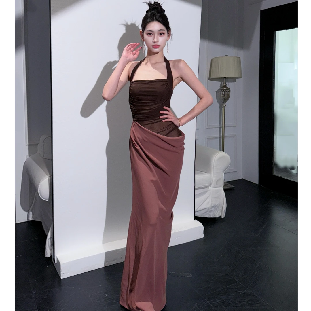 【JINGGUO轻奢】小众辣妹性感网纱露腰长裙挂脖微透连衣裙7283