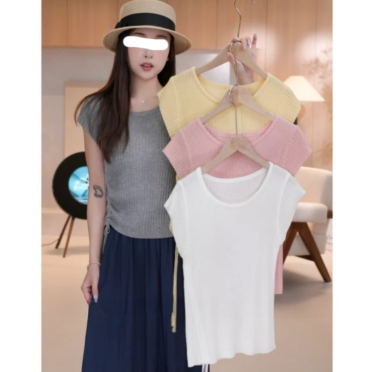 2025年夏季新款针织圆领短袖t恤女洋气纯色简约慵懒坑条抽褶皱