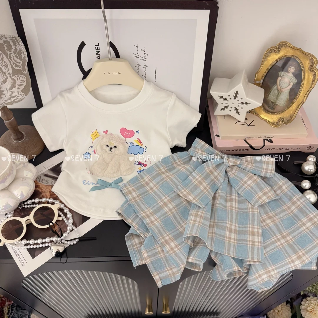 女童套装2025夏季新款儿童宝宝T恤洋气卡通短袖上衣格子裙两件套