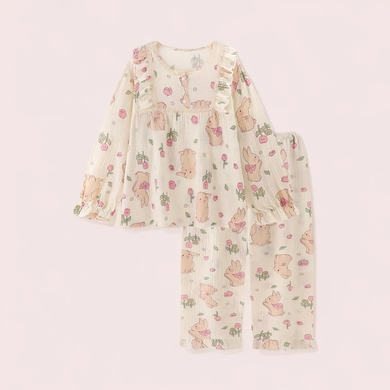 奶系郁金香纯棉纱布睡衣全棉套装女春秋2025年新款长袖家居服