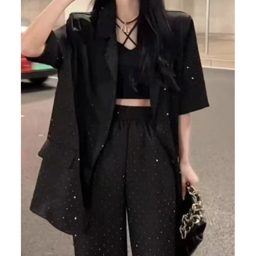 烫钻西装外套御姐风黑色2025夏季新款气质宽松西服外套短裤三件套
