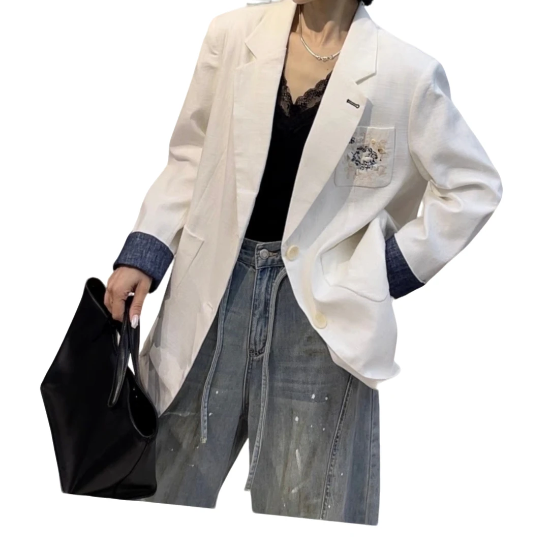 【珊珊服饰】2025春季新款欧货韩版翻领棉麻刺绣西装外套