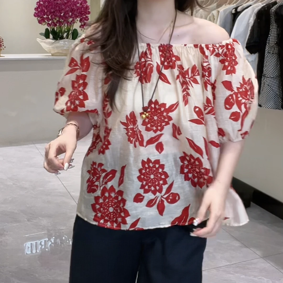 设计感时尚印花重工气质短袖小衫2025夏季新款宽松通勤防晒上衣