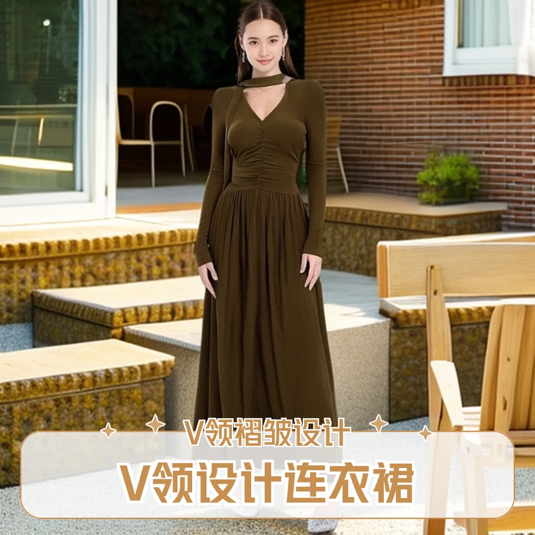 褶皱长裙V领高弹力连衣裙优雅裙子气质时尚春季