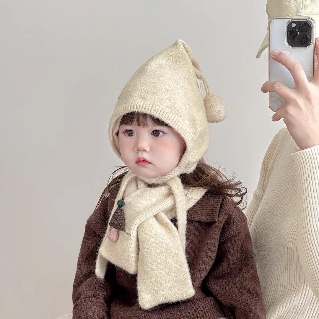 宝宝帽子冬天毛线帽围巾套装男女童加厚保暖护耳帽围脖两件套韩版