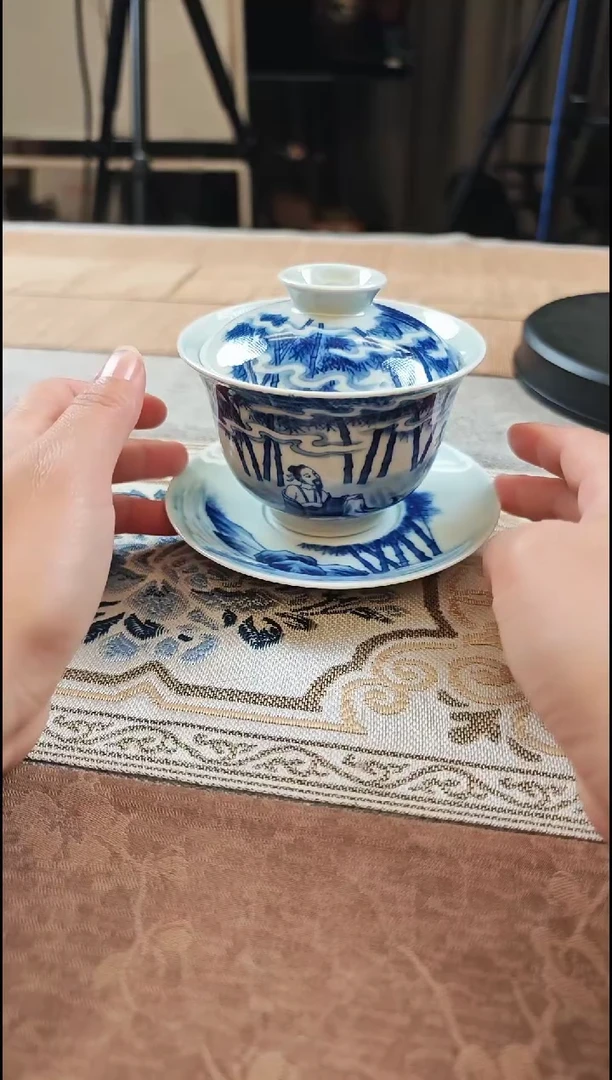 【闪购商品】盖碗宁封窑青花抚琴图三才盖碗