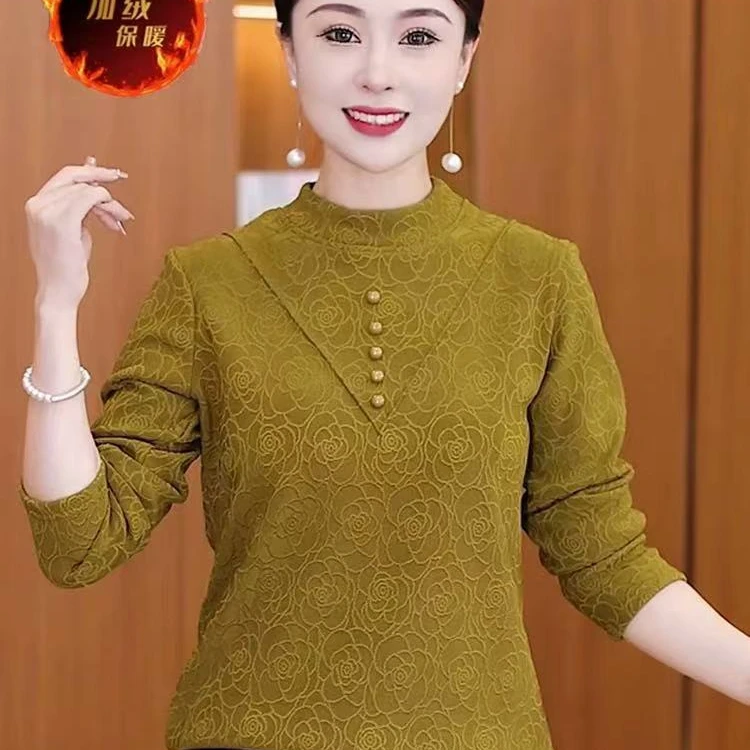 新款提花加绒妈妈装小衫