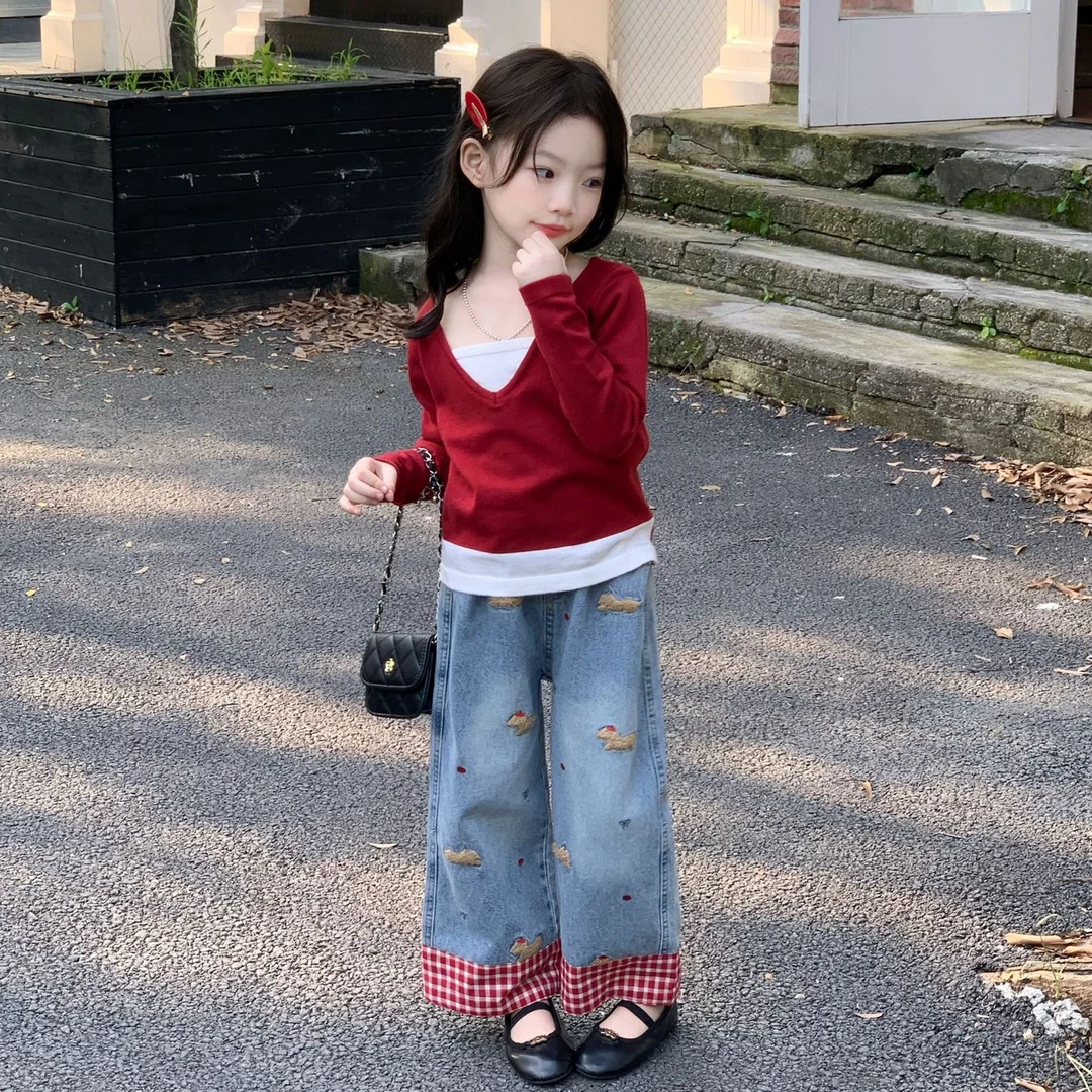 韩系穿搭2025秋季款女童洋气假两件毛衣女宝可爱刺绣拼接牛仔裤