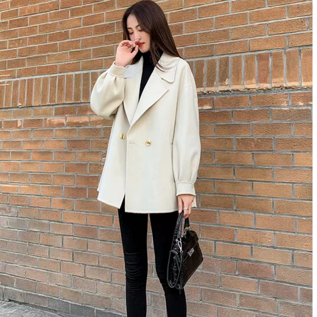 一手长大衣秋冬女纯色口袋女式毛呢外套小个子西装中长款2503