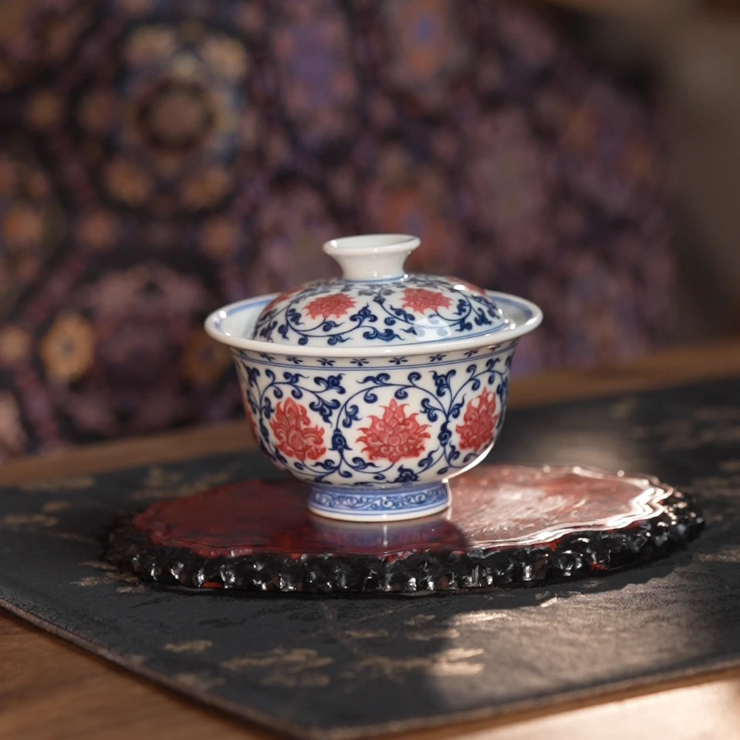 M沐茗古韵 青花釉里红缠枝莲压手盖碗
