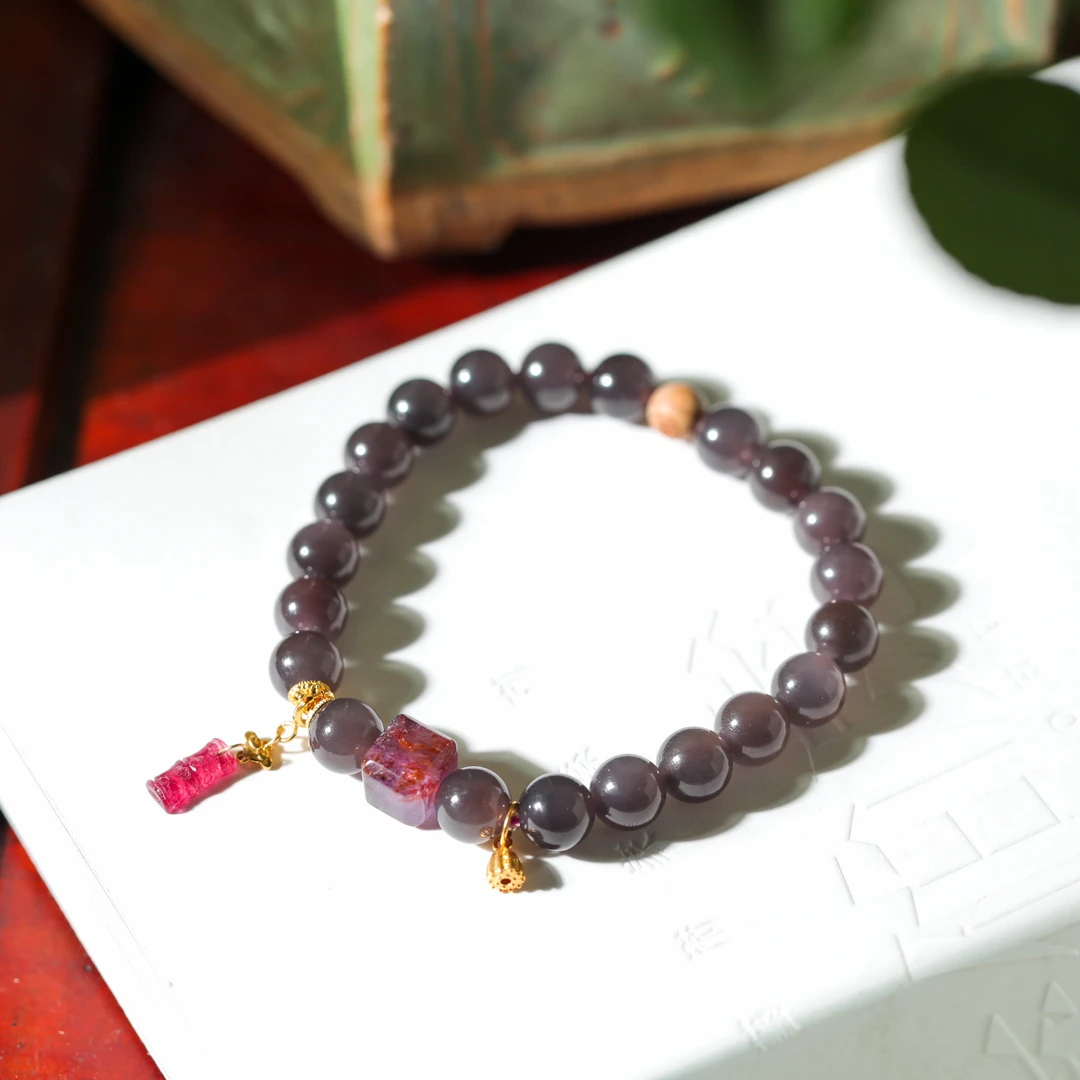 【意婵】天然高品和田玉烟紫帝王紫单圈18K金碧玺水晶-905759