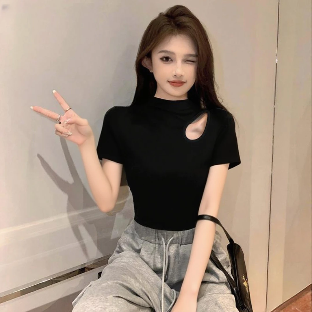 黑色半高领短袖t恤女2025新款夏季镂空螺纹正肩设计感小众上衣服
