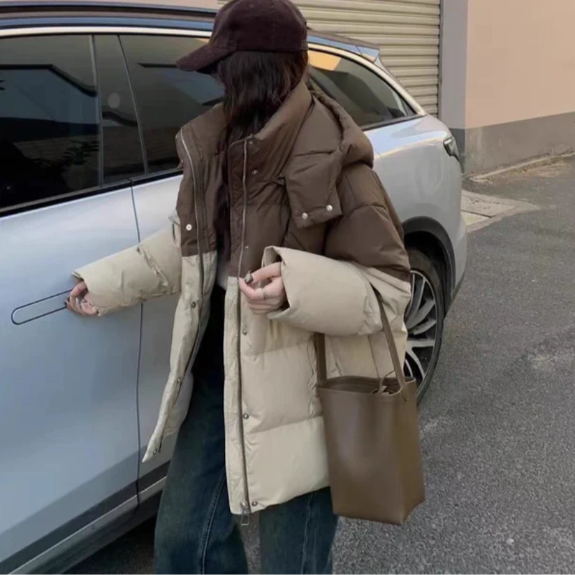 拼接拼接情侣服女冬季加厚宽松连帽上衣女Y107