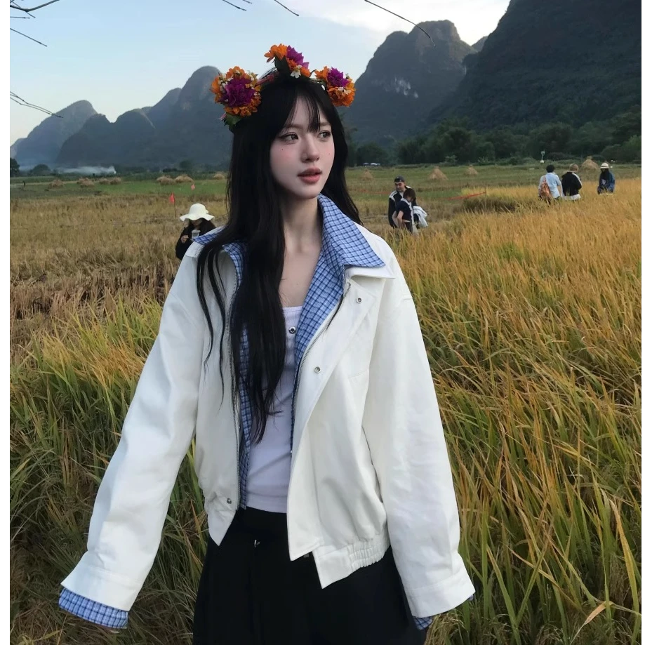 蓝白格子撞色翻领刺绣假两件外套女春季新款设计感休闲夹克上衣潮