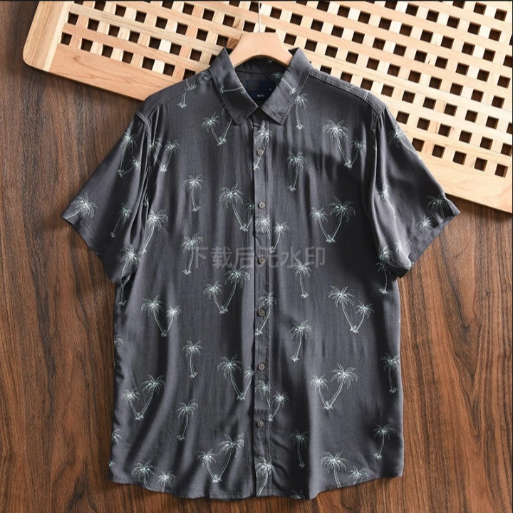 欧美单宽松 椰树花色 男士水洗全棉度假风宽松短袖休闲衬衫