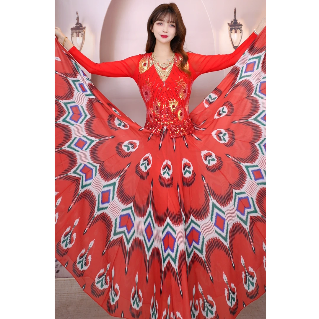 A-27 网纱艾德莱斯花纹半裙720新疆舞民族舞大裙摆民族风