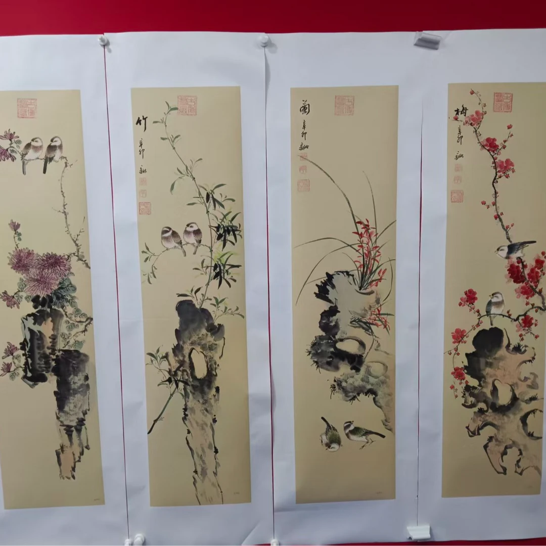 李新社手绘宣纸-梅兰竹菊花鸟四条屏-花鸟画
