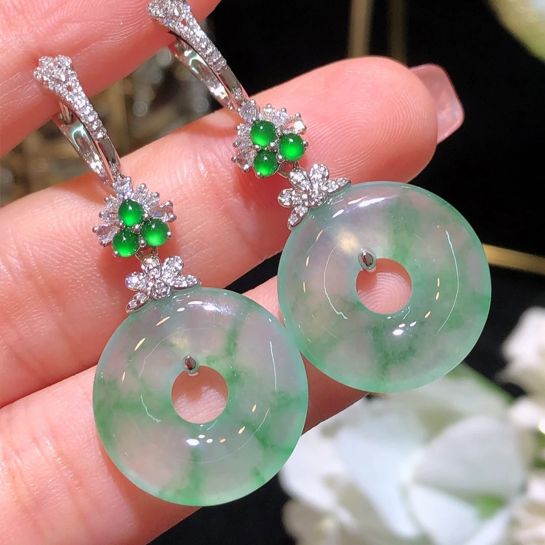 轻奢款冰种飘花平安扣耳环配件半成品18K色镶嵌耳坠空托百搭时尚