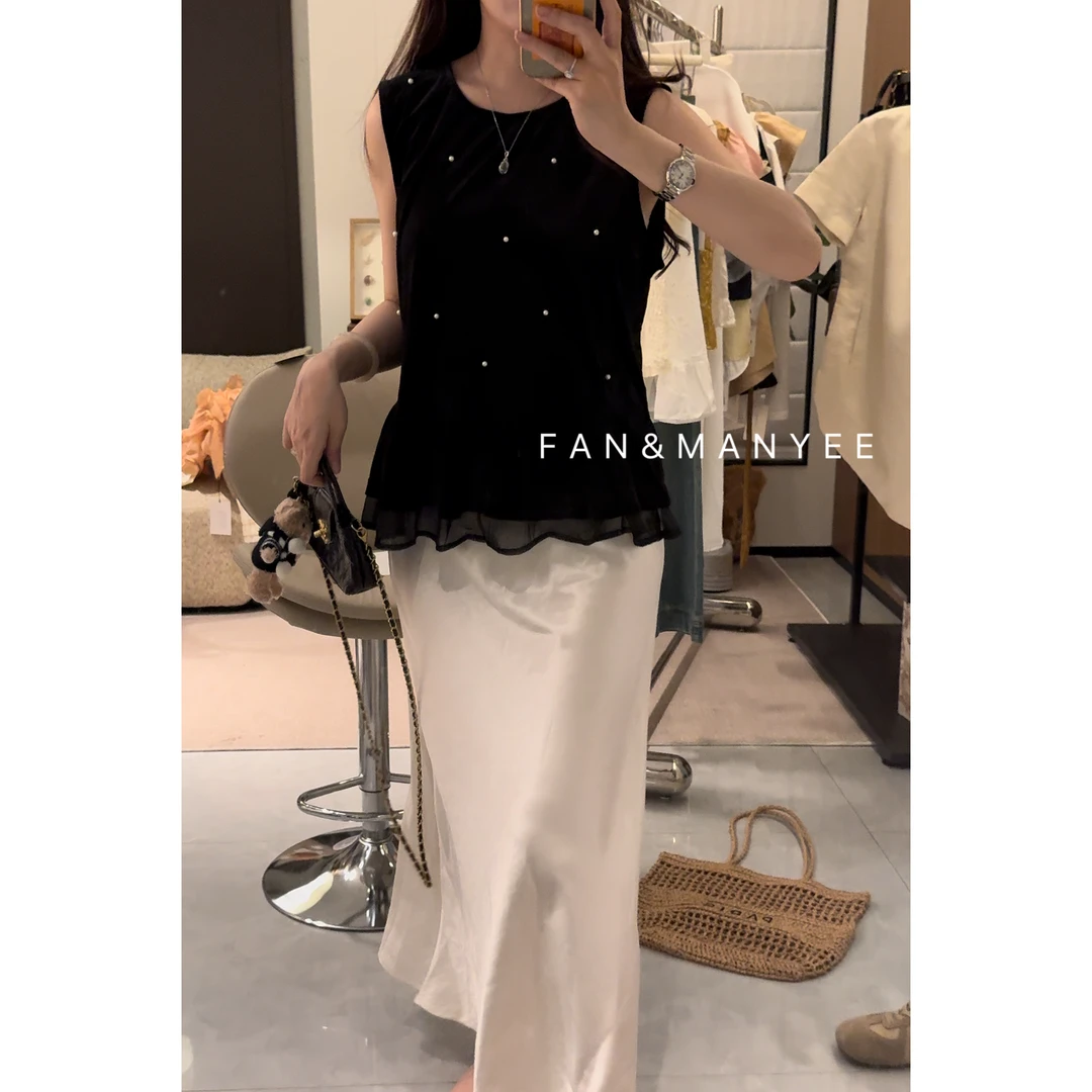 【花花】夏季圆领贵气钉珠荷叶边设计感轻薄丝绒无袖上衣