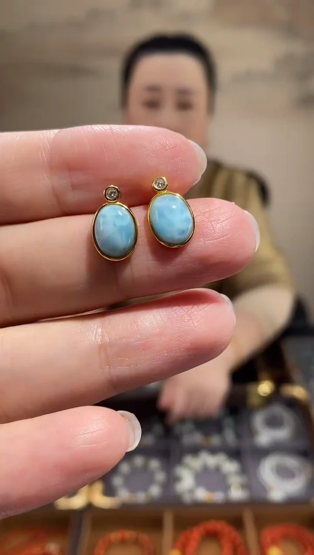 银S925镶嵌针钠钙石（海纹石）耳饰EZ5314