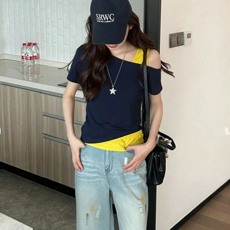 设计感拼接假两件纯欲露肩T恤女2025夏季新款韩版ins修身半袖上衣