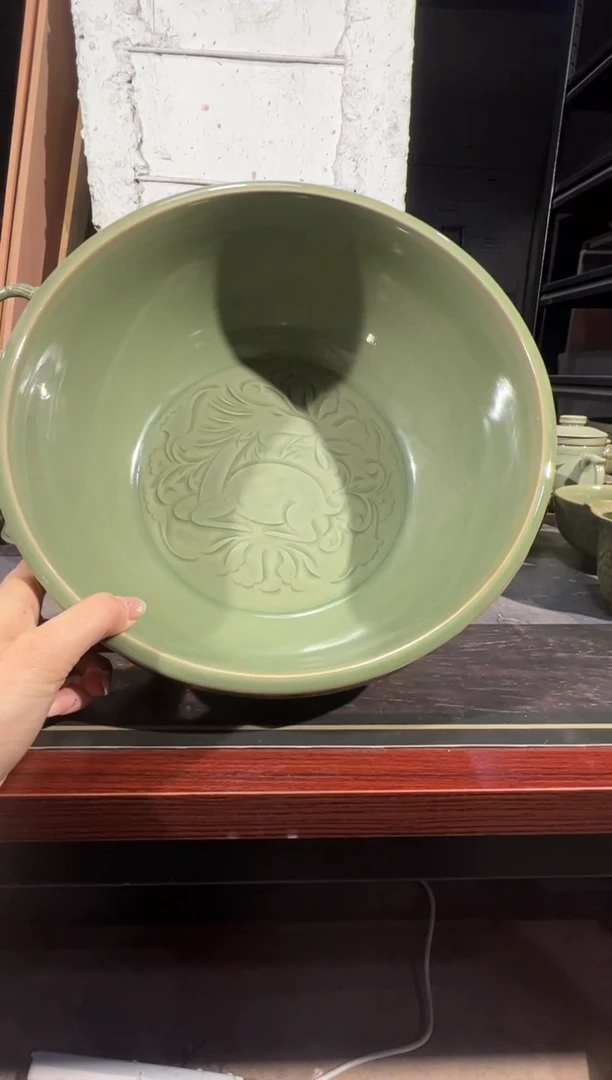 耀州窑灵芝卧鹿大面盆（聚宝盆）