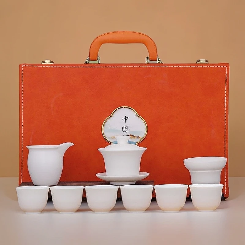 中式高档简约轻奢家用陶瓷素烧羊脂玉瓷纯白三才瓷盖碗茶具套装