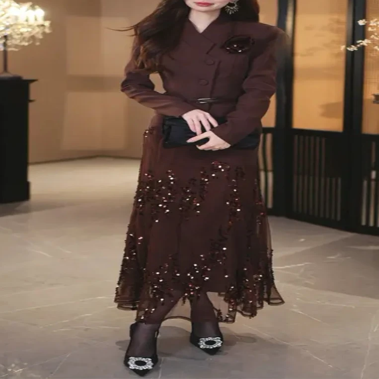 2025女长款高腰复古气质时尚法式设计师名媛收腰长裙法式裙子