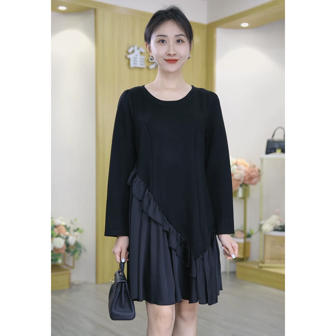 黑色拼接荷叶边裙摆长袖连衣裙2025春季新款显瘦裙子