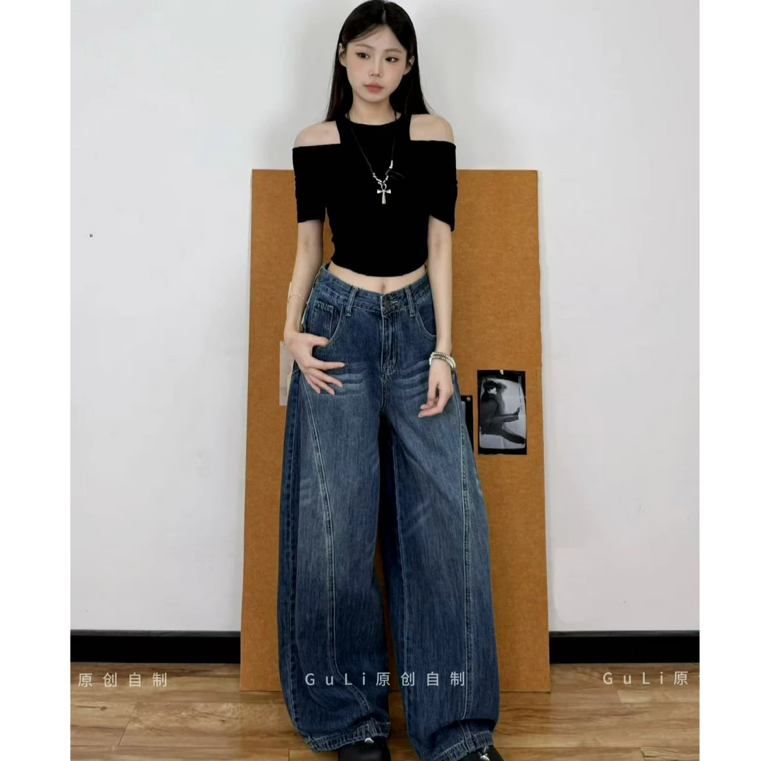 GL 配腰带原创美式高街裁剪廓形水洗弯刀牛仔裤女拖地垂深蓝显瘦