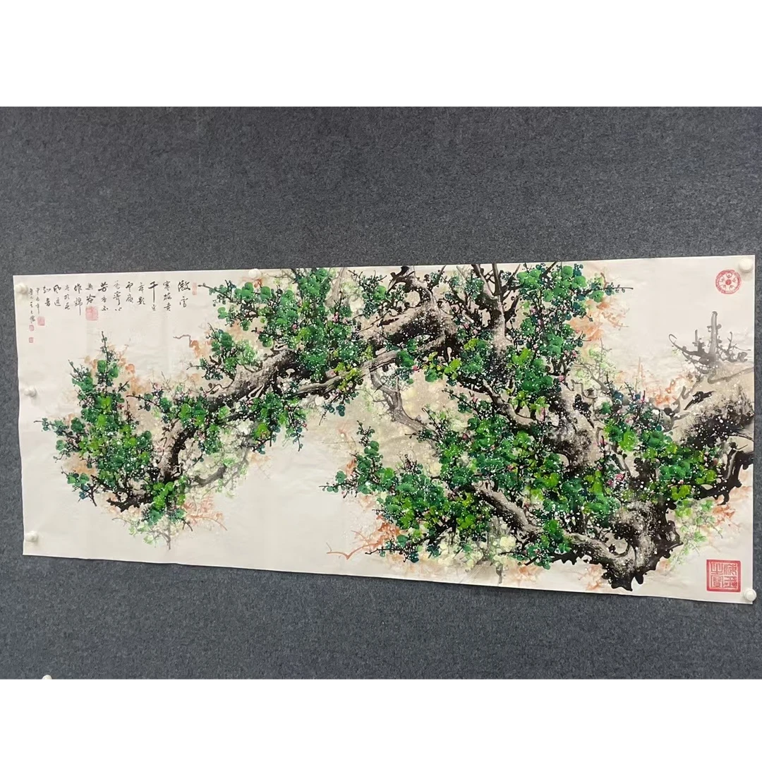 王夫怀-《傲雪红梅贵千金》绿-八尺横幅宣纸-纯手绘作品