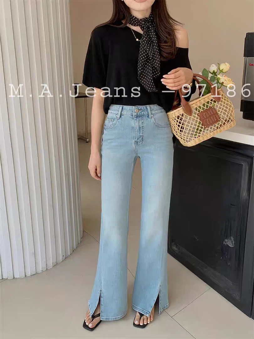 韩系MA牛仔裤女早春剪标高腰浅色微喇裤四面弹柔软开叉长裤97186