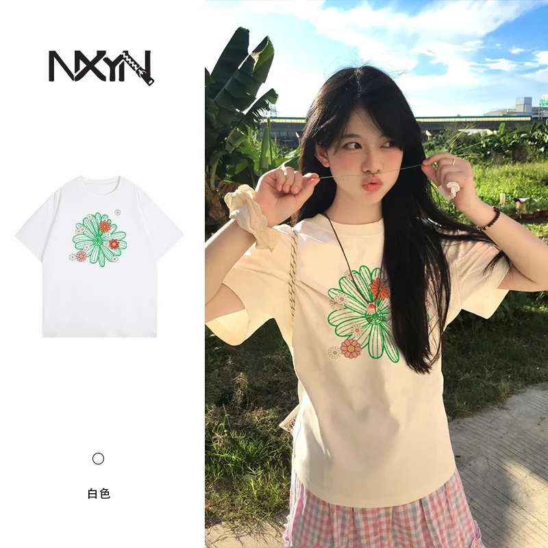 NXYN韩版大码女装圆领短袖大版宽松字母彩花T恤半袖t恤DJ-1411