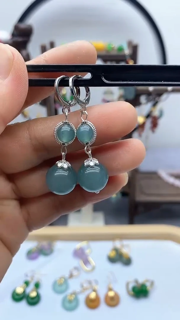 石英质玉（非洲翠）银S925镶嵌耳饰62