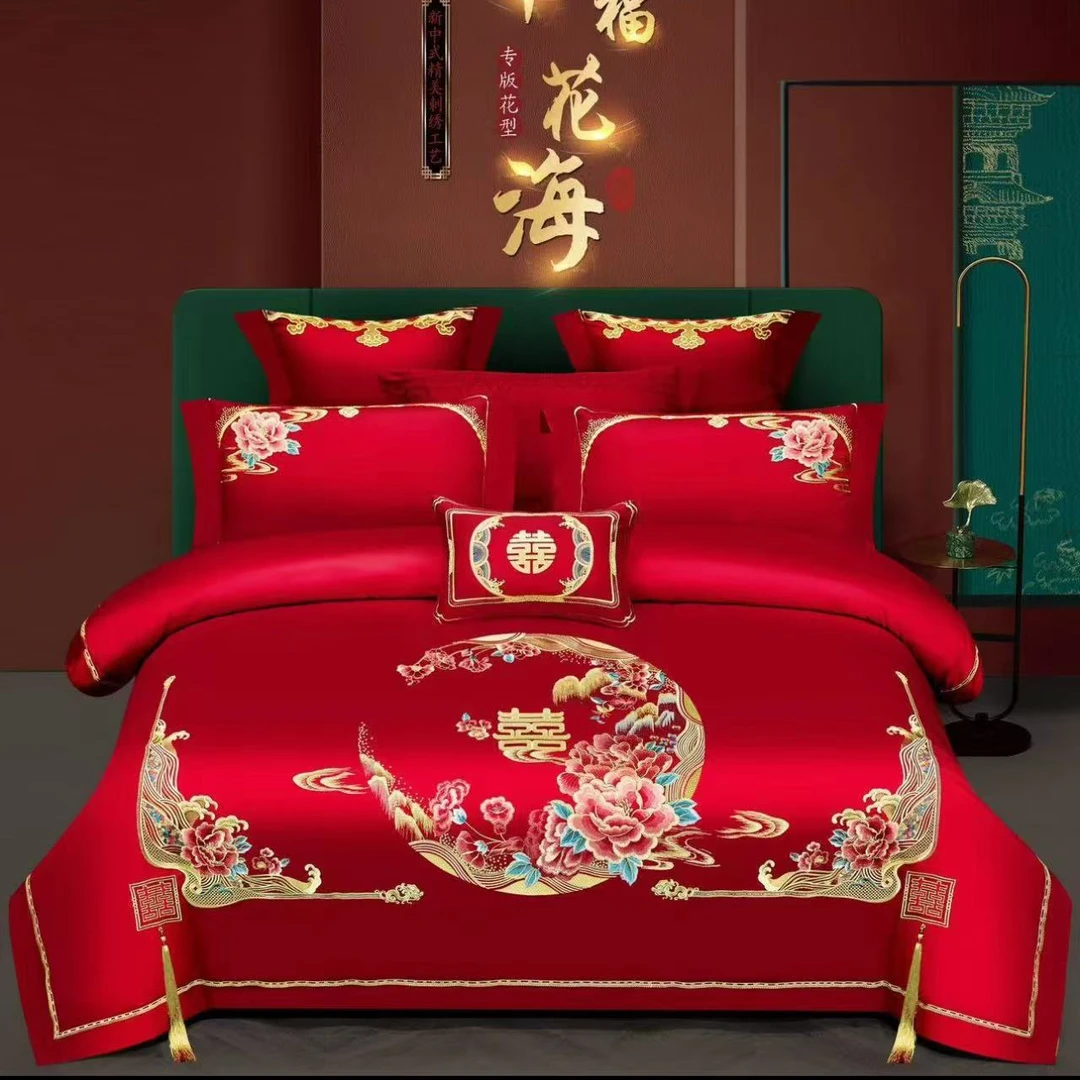 新中式100棉全棉喷气高端精致重工刺绣婚庆四件套---幸福花海