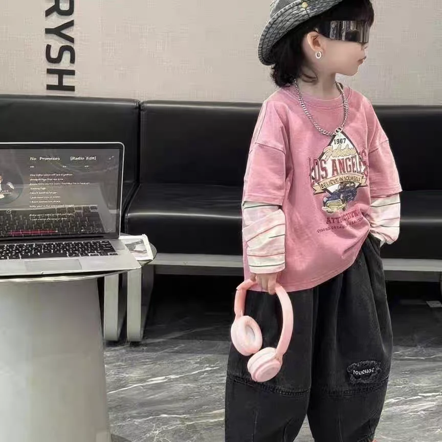 潮品男童拼接粉色卫衣打底衫2025秋款新男童韩版裤子洋气【力】
