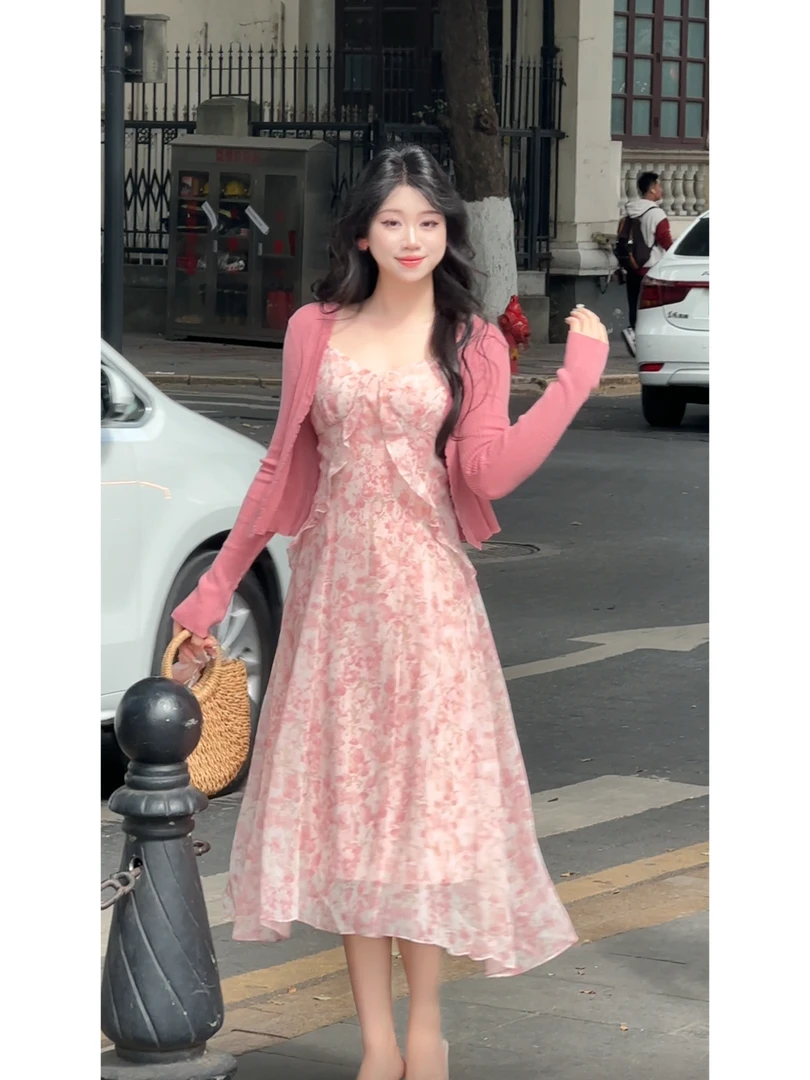 【椿风】春法式多巴胺纯欲风可盐可甜开衫+碎花吊带连衣裙两件套