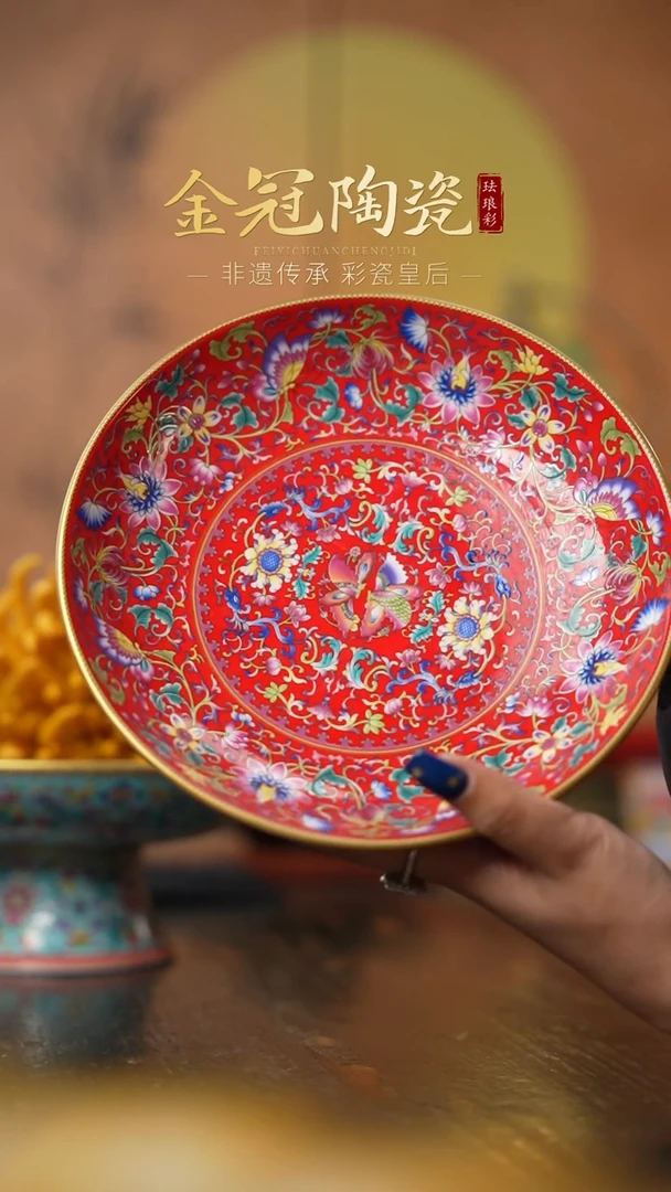 陶瓷珐琅彩中国红高足果盘