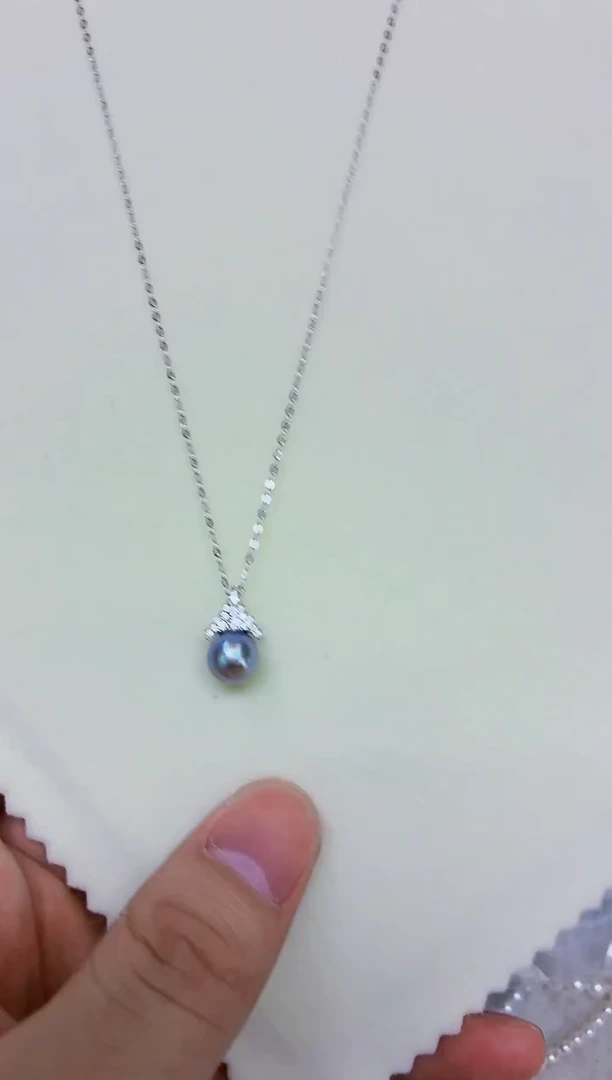 银S925镶嵌DA海水珍珠灰珠吊坠8-9 y820