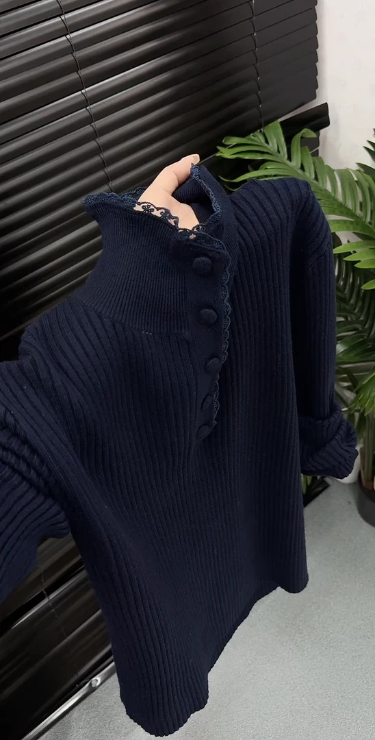 2025秋冬新款法式高领蕾丝拼接设计感针织衫精致时尚百搭毛衣上衣