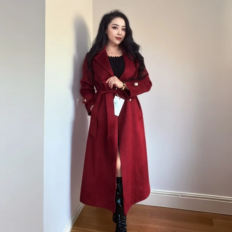 女士秋冬时尚气质时候长款收腰双面呢毛呢大衣895