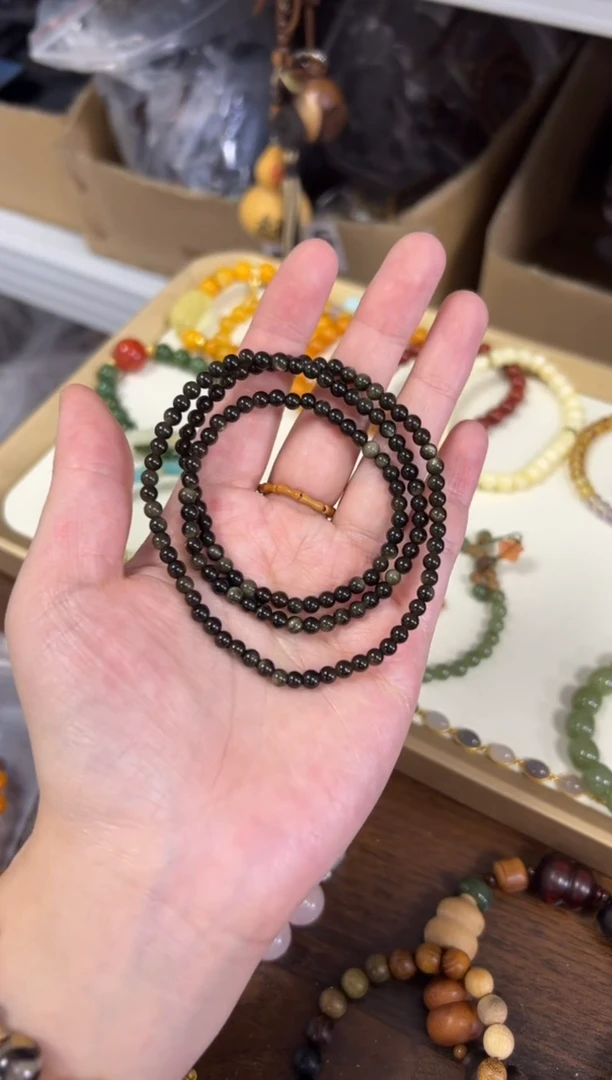 黑曜岩未镶嵌手链玉化金曜石圆珠多圈手链4M
